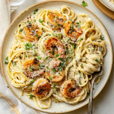 Delicious bowl of garlic shrimp pasta served with fresh herbs and Parmesan cheese.