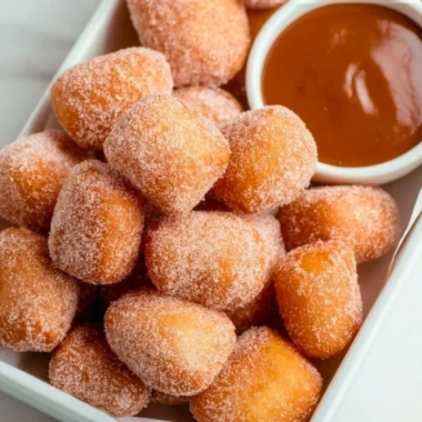 Delicious healthy air fryer churro bites on a plate, sprinkled with cinnamon sugar.