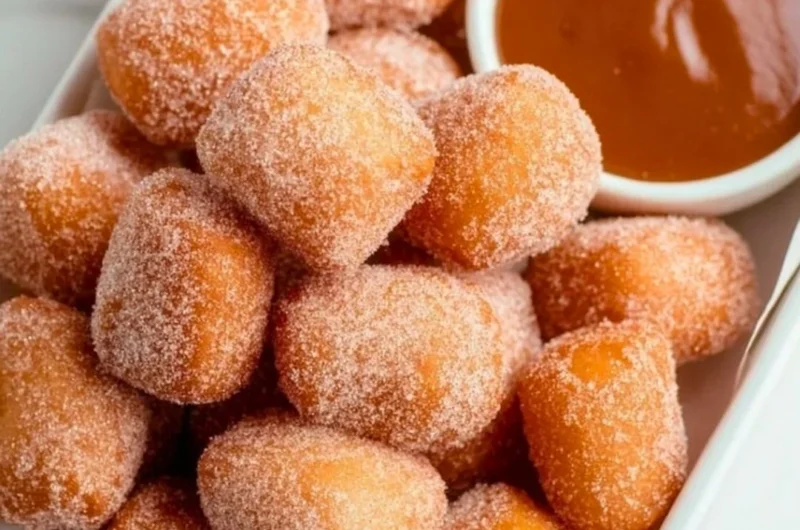 Delicious healthy air fryer churro bites on a plate, sprinkled with cinnamon sugar.