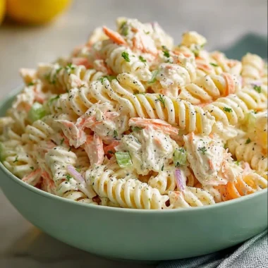 Bowl of homemade crab pasta salad with ranch dressing and fresh ingredients