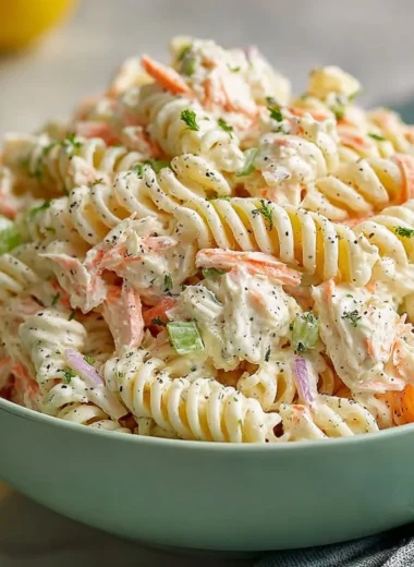 Bowl of homemade crab pasta salad with ranch dressing and fresh ingredients