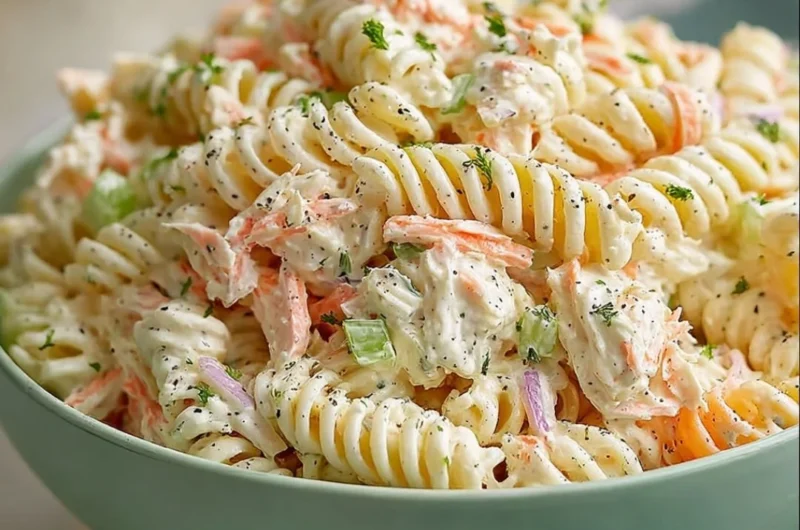 Bowl of homemade crab pasta salad with ranch dressing and fresh ingredients