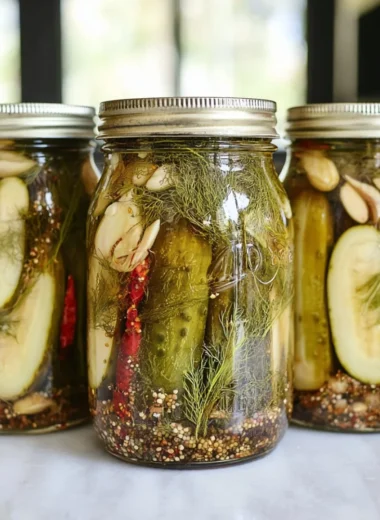 Homemade killer spicy garlic dill pickles in a mason jar