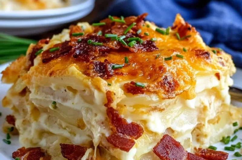 Loaded scalloped potatoes topped with cheese and herbs, served in a baking dish.