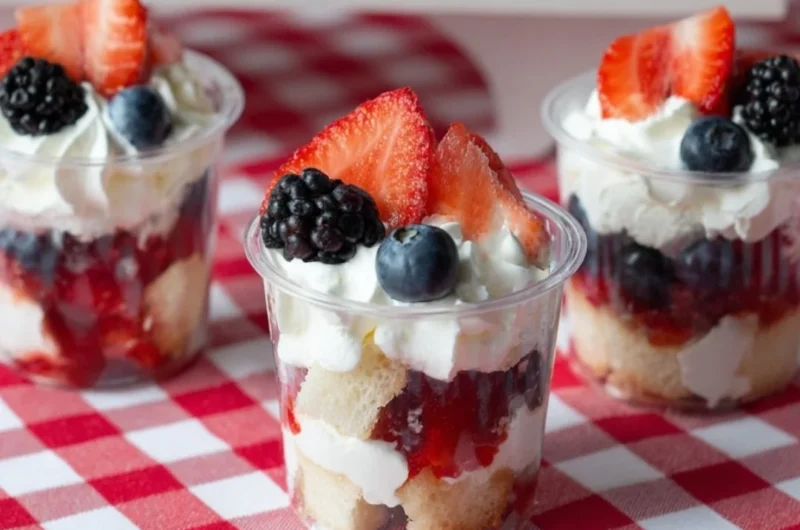 Delicious mini shortcake cups topped with fresh strawberries and whipped cream.