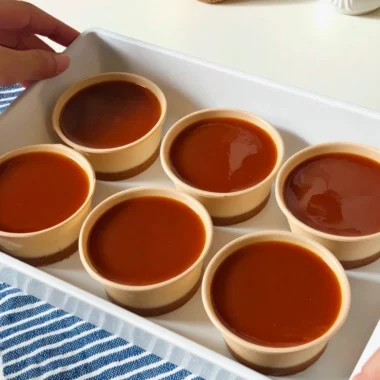 Delicious no-bake salted caramel cheesecake cups topped with caramel drizzle.