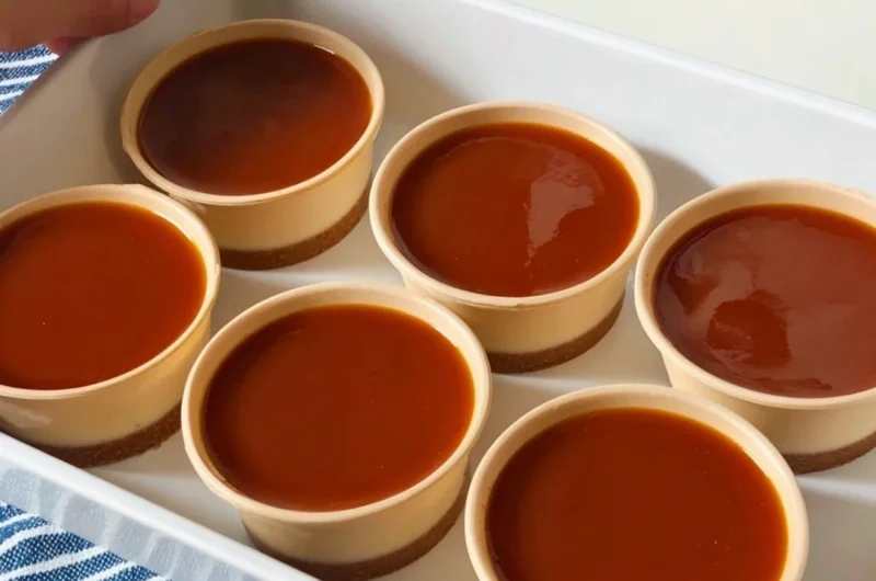Delicious no-bake salted caramel cheesecake cups topped with caramel drizzle.