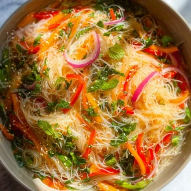 No cook noodle salad with colorful vegetables and tangy dressing