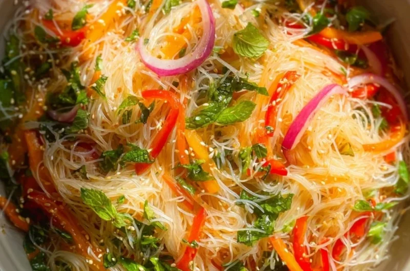 No cook noodle salad with colorful vegetables and tangy dressing