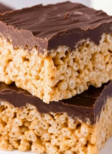 Peanut Butter Rice Krispie Treats on a platter with a decorative background.