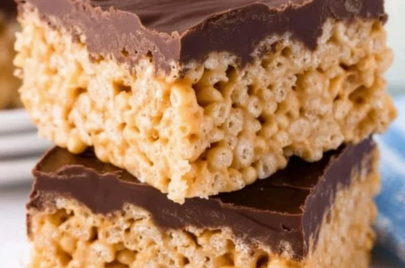 Peanut Butter Rice Krispie Treats on a platter with a decorative background.
