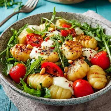 Roasted gnocchi salad with basil pesto, tomatoes, mozzarella, and arugula