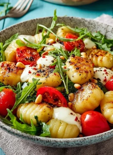 Roasted gnocchi salad with basil pesto, tomatoes, mozzarella, and arugula