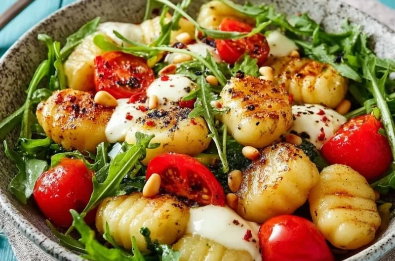 Roasted gnocchi salad with basil pesto, tomatoes, mozzarella, and arugula
