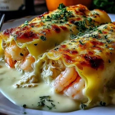Shrimp and Crab Alfredo Lasagna Roll-Ups plated with herbs