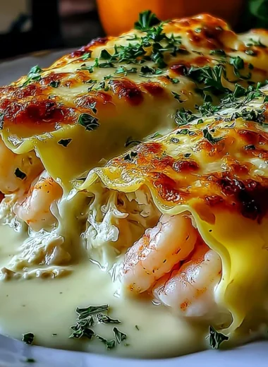 Shrimp and Crab Alfredo Lasagna Roll-Ups plated with herbs