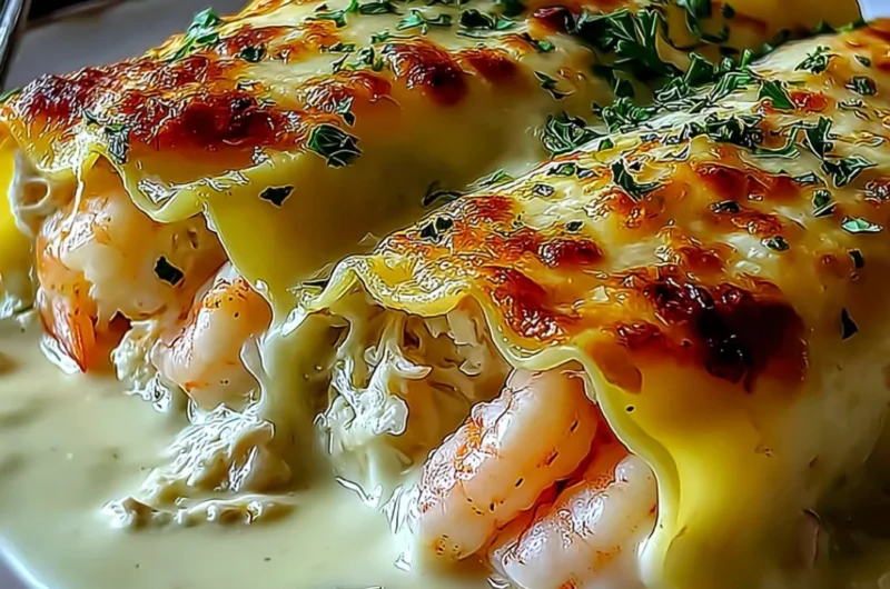 Shrimp and Crab Alfredo Lasagna Roll-Ups plated with herbs