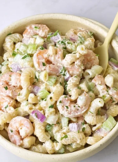 Delicious shrimp pasta salad with fresh ingredients and vibrant colors