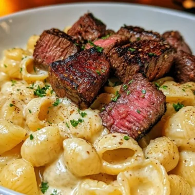 Plate of savory steak bites and shell pasta in garlic butter Alfredo sauce