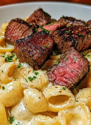 Plate of savory steak bites and shell pasta in garlic butter Alfredo sauce