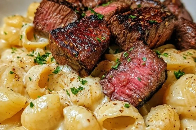 Plate of savory steak bites and shell pasta in garlic butter Alfredo sauce