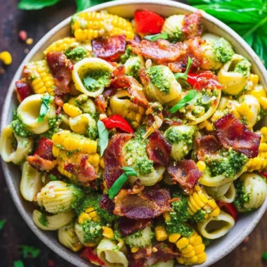 Summer pasta salad with corn, bell pepper, bacon, and creamy pesto dressing