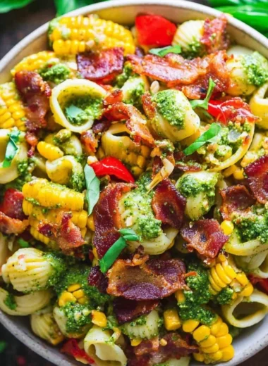 Summer pasta salad with corn, bell pepper, bacon, and creamy pesto dressing
