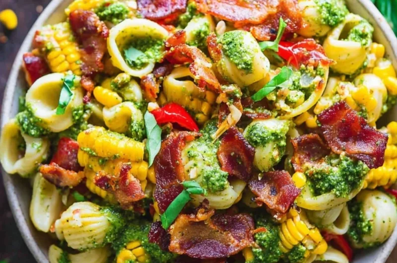 Summer pasta salad with corn, bell pepper, bacon, and creamy pesto dressing