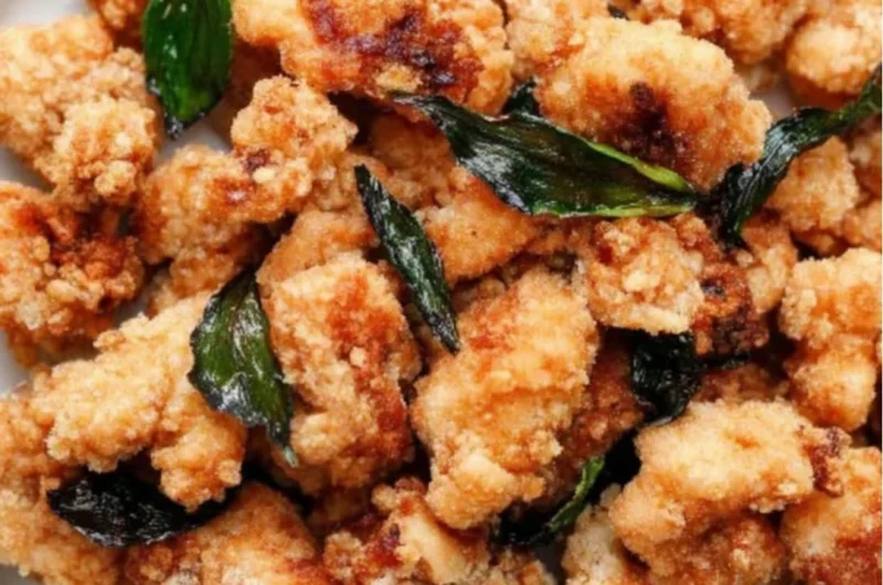 Plate of crispy Taiwanese popcorn chicken with seasonings and herbs