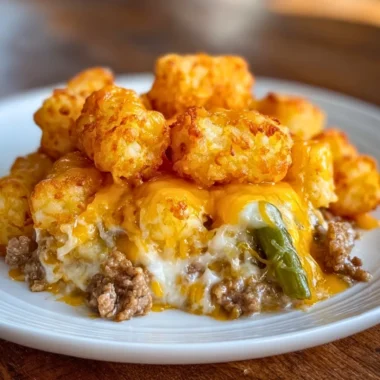 Tater Tot Casserole with Ground Beef, topped with crispy tater tots and melted cheese.