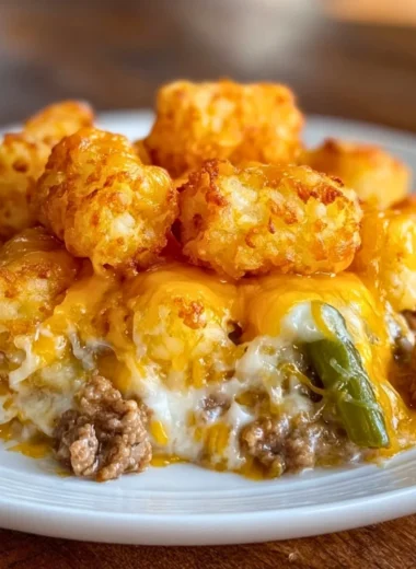 Tater Tot Casserole with Ground Beef, topped with crispy tater tots and melted cheese.