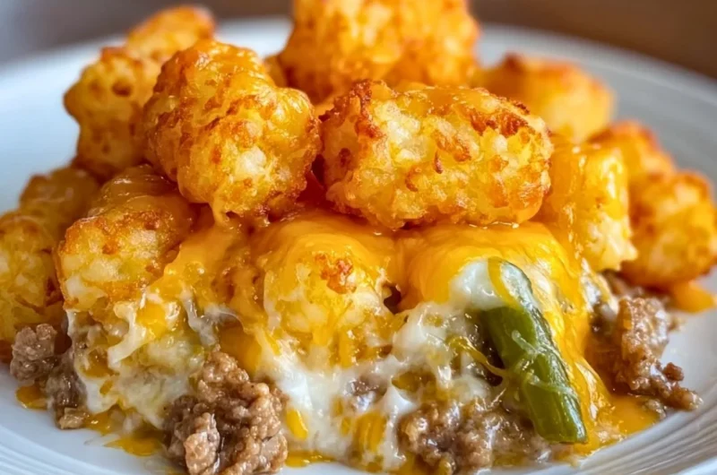 Tater Tot Casserole with Ground Beef, topped with crispy tater tots and melted cheese.