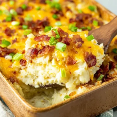 Twice baked potato casserole topped with cheese and green onions