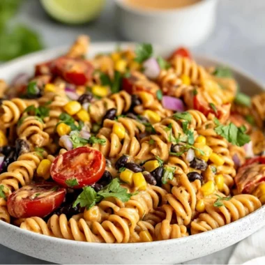 Colorful Vegan Southwest Pasta Salad with fresh vegetables and zesty dressing