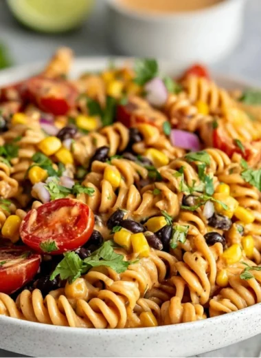 Colorful Vegan Southwest Pasta Salad with fresh vegetables and zesty dressing