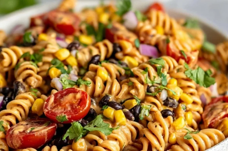Colorful Vegan Southwest Pasta Salad with fresh vegetables and zesty dressing