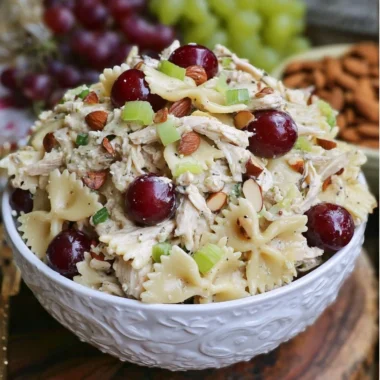 Waldorf Chicken Pasta Salad with chicken, pasta, apples, nuts, and dressing