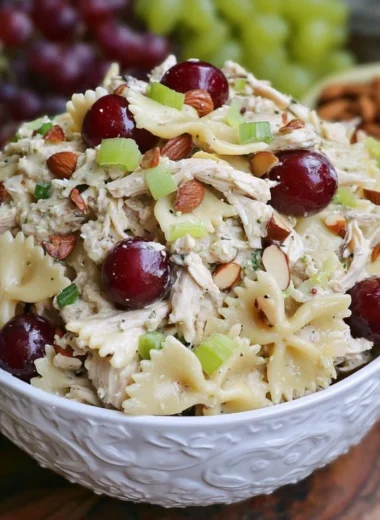 Waldorf Chicken Pasta Salad with chicken, pasta, apples, nuts, and dressing