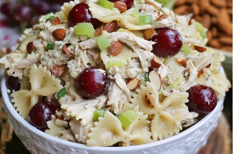 Waldorf Chicken Pasta Salad with chicken, pasta, apples, nuts, and dressing
