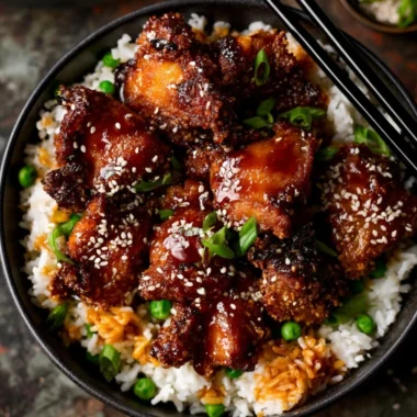 Air Fryer Sesame Chicken cooked in 20 minutes, served with sesame seeds and vegetables.