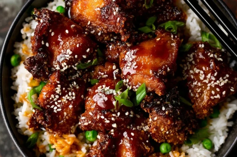Air Fryer Sesame Chicken cooked in 20 minutes, served with sesame seeds and vegetables.