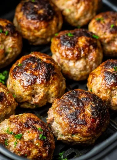 Delicious air fryer meatballs served on a plate with garnish