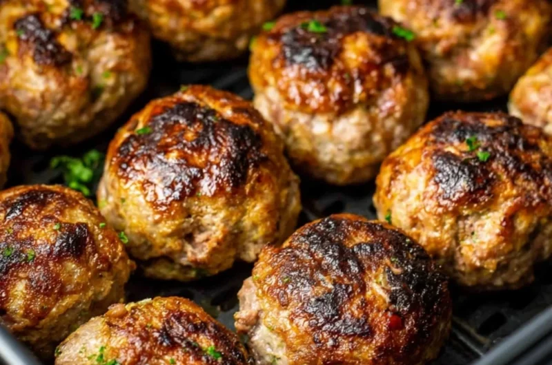 Delicious air fryer meatballs served on a plate with garnish