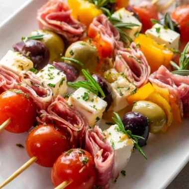 Colorful antipasto skewers with olives, cheese, and cured meats on a platter.
