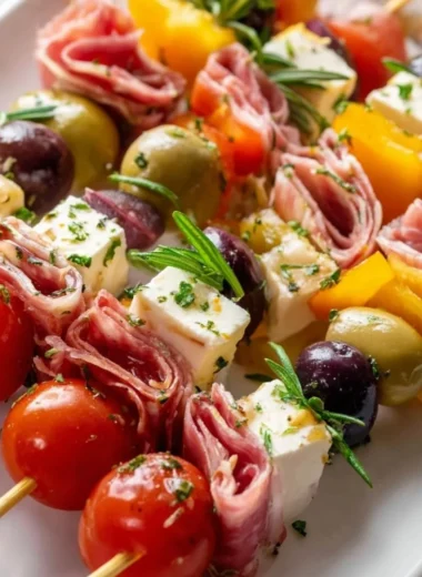 Colorful antipasto skewers with olives, cheese, and cured meats on a platter.