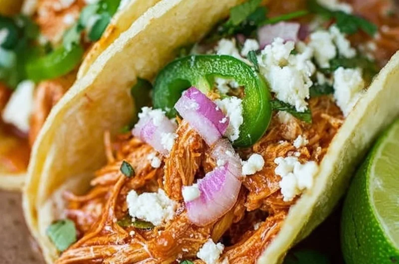 Authentic Chicken Tinga served in a taco with toppings