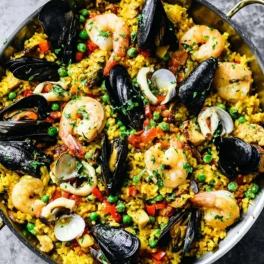 Delicious authentic paella with seafood and vegetables served on a traditional platter.