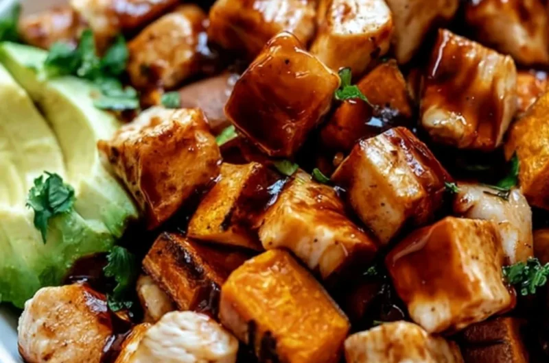 BBQ Chicken Sweet Potato Bowl topped with fresh ingredients