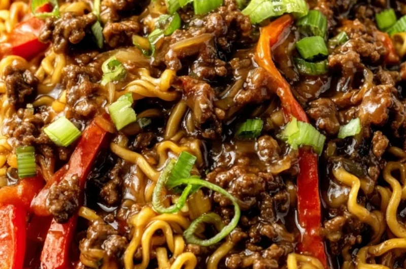 Delicious homemade beef ramen noodles stir fry with vegetables and beef