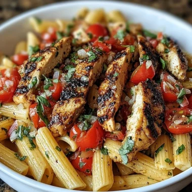 Delicious Bruschetta Chicken Pasta served in a bowl with fresh tomatoes and basil